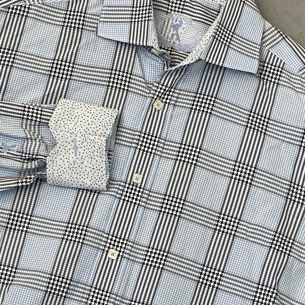 Bugatchi Men's Large Shaped Fit Gingham Long Sleeve Flip Cuff Button Down Shirt